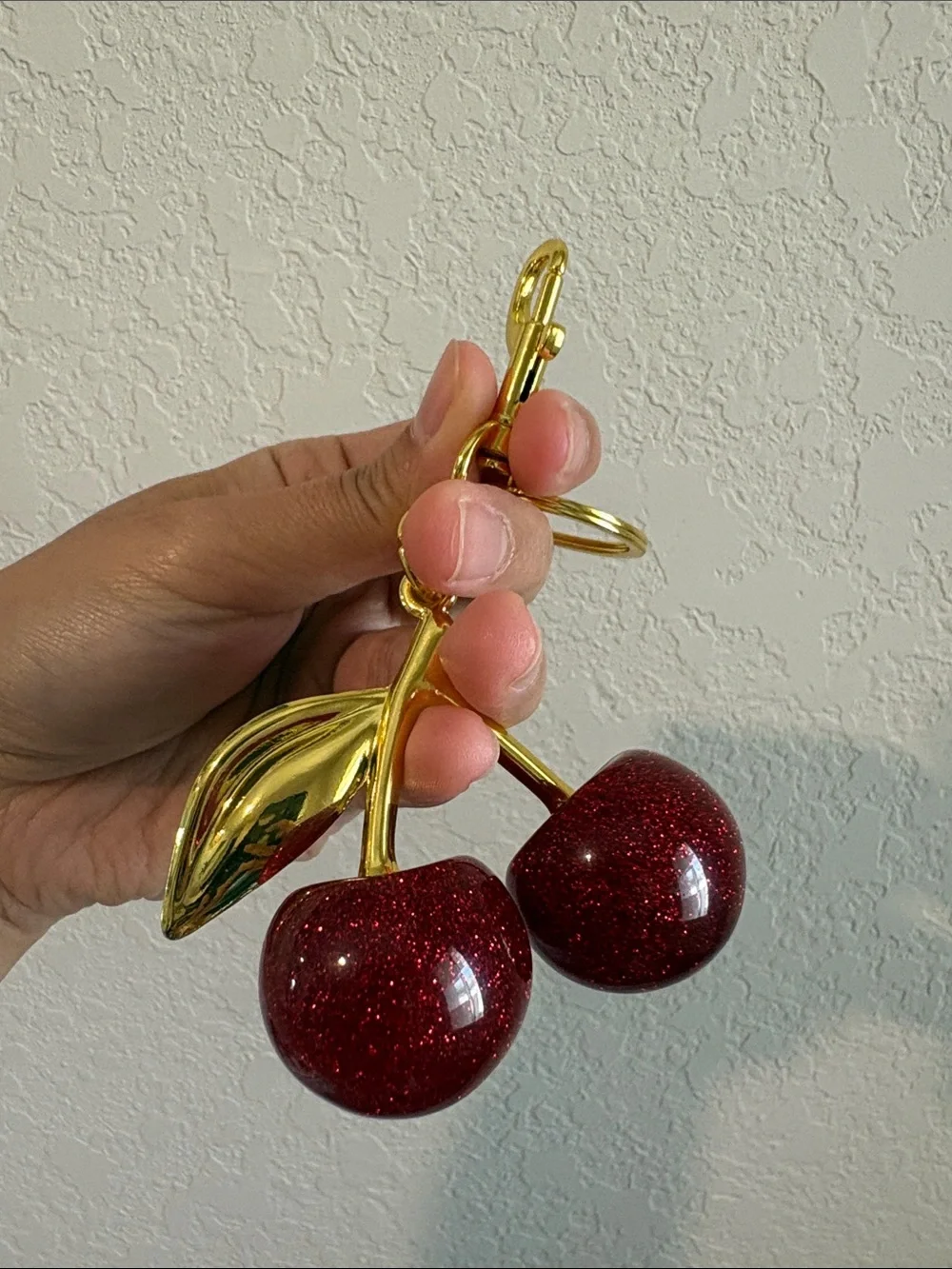 NWOT Gold Cherry Keychain Bag Charm with Red Glitter Cherries